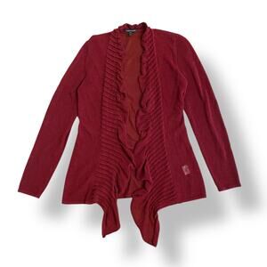 Eileen Fisher Wine Red Linen Blend Open Knit Open Front Ruffle Cardigan Size XS